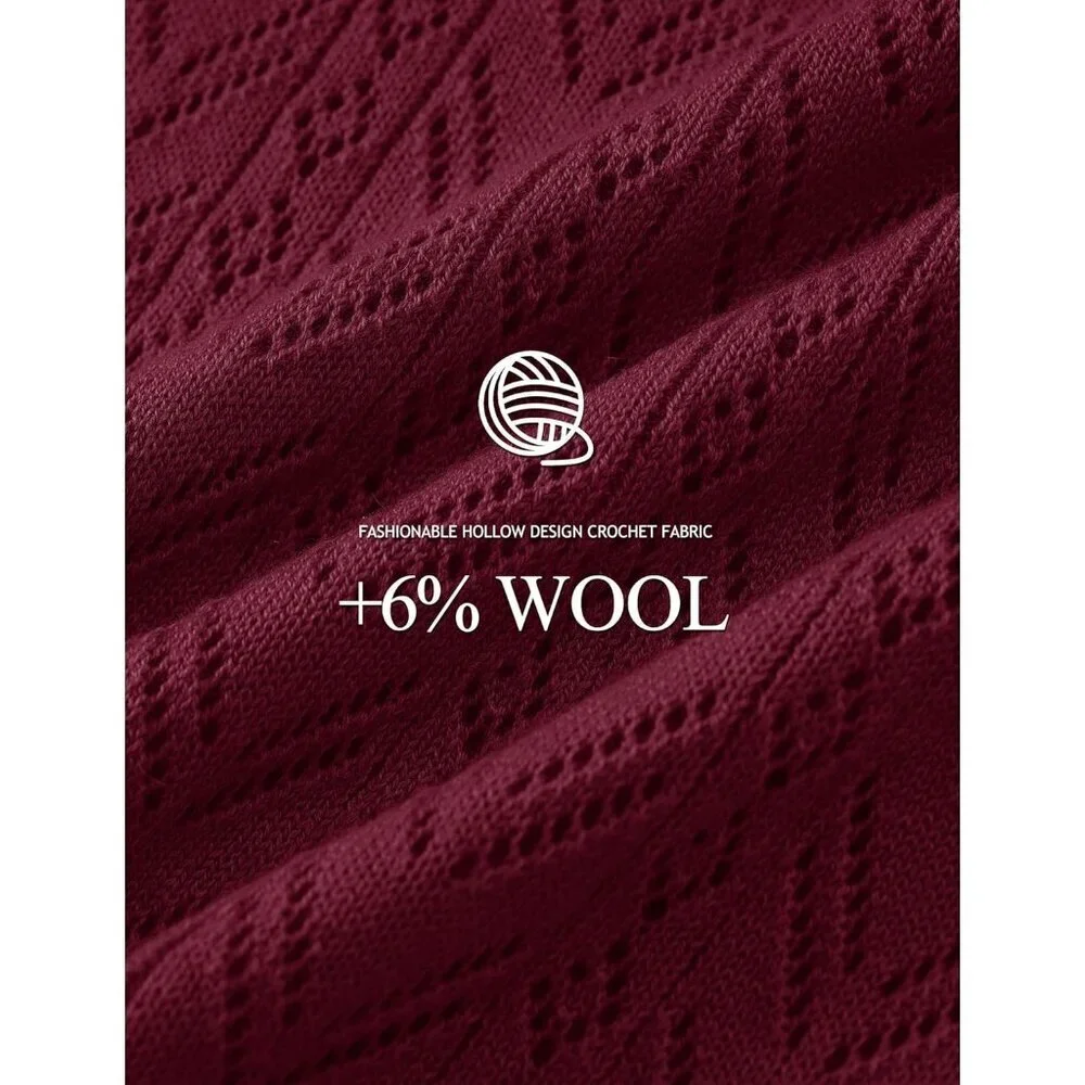 Women's Wine Red Wool Long Sleeve Crochet Pullover V Neck Lightweight Sweater - Picture 5 of 7